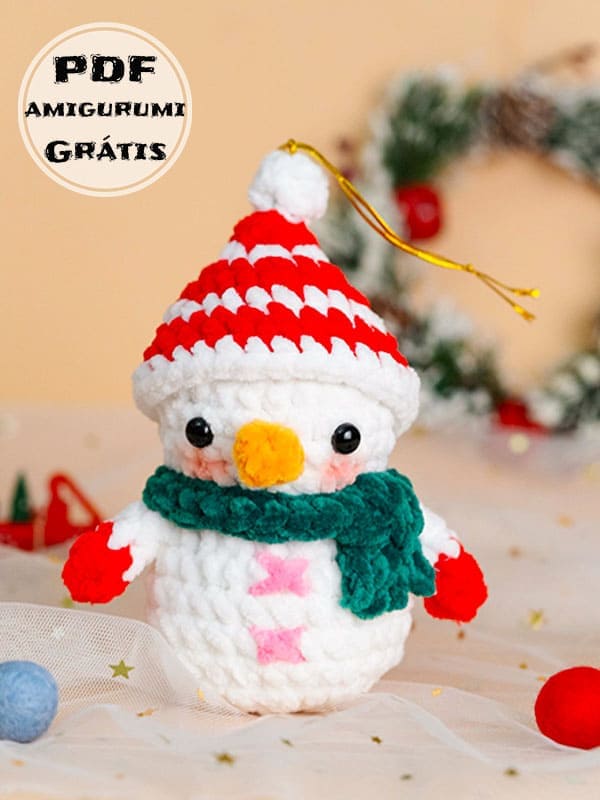 Enfeite de Natal de Crochê Boneco de Neve Amigurumi Grátis